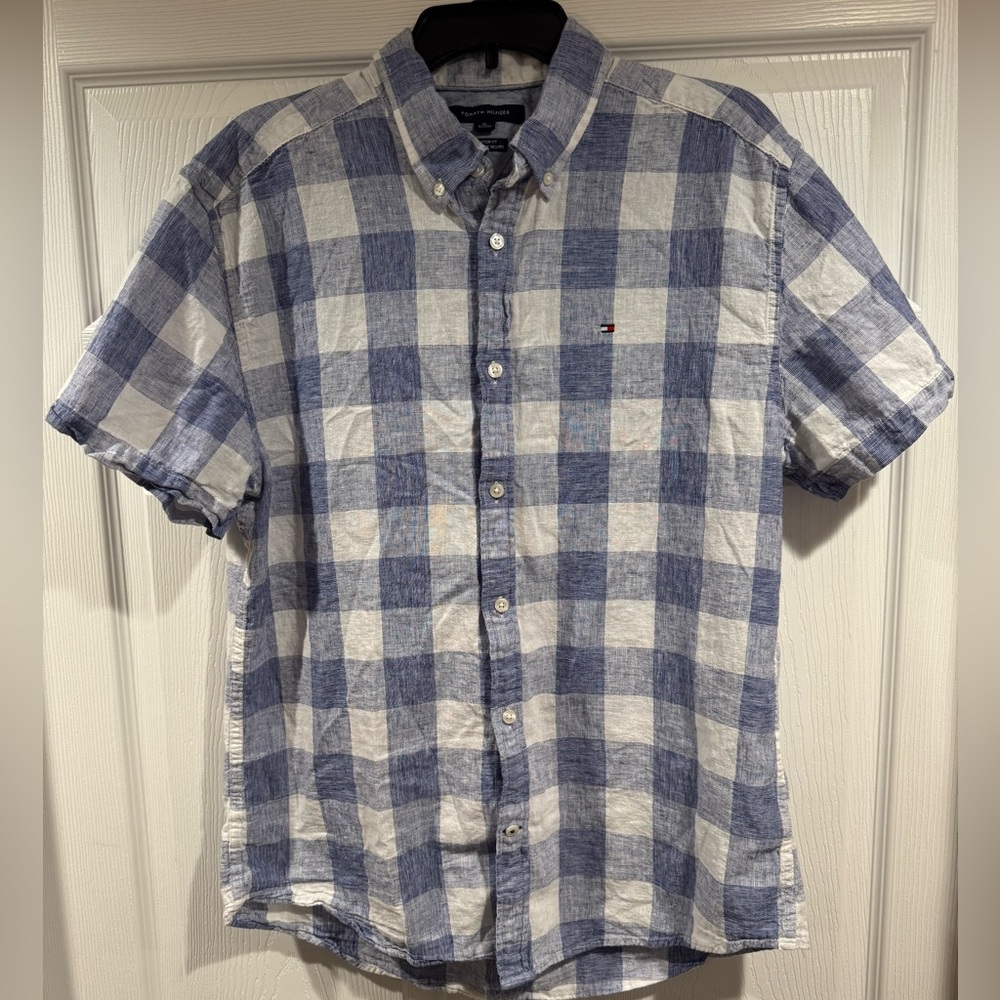 Tommy Hilfiger Blue Checkered Plaid Linen Blend Shirt Mens XL custom fit